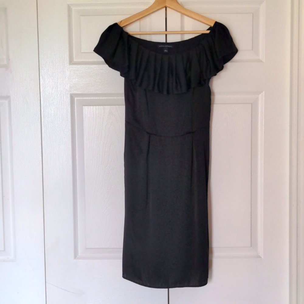 Silk Ruffle Neck Black Dress Banana Republic